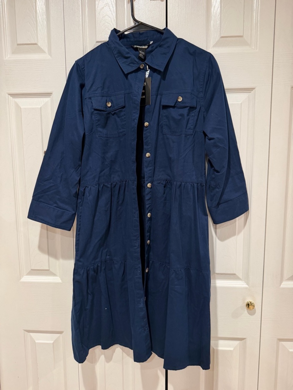 Navy Button-Front Maxi Dress with Shirt Collar